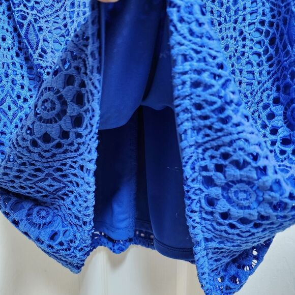 Leslie Fay Dress 6 Blue Floral Crochet Lace Bell Slv Lined Boho Coastal Grandma - Picture 6 of 10